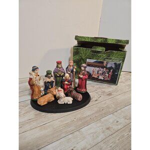 Vintage Kirklands Ceramic 4 Nativity Set 10 Figurines‎ And 1 Base Christmas
